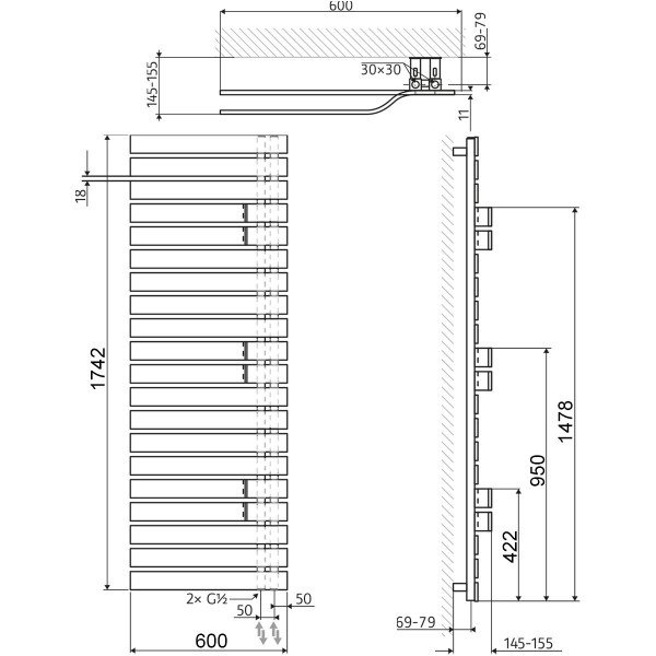 HSK Yenga Plus Designheizkörper 600x1742mm Weiß Seitenanschluss 8860180