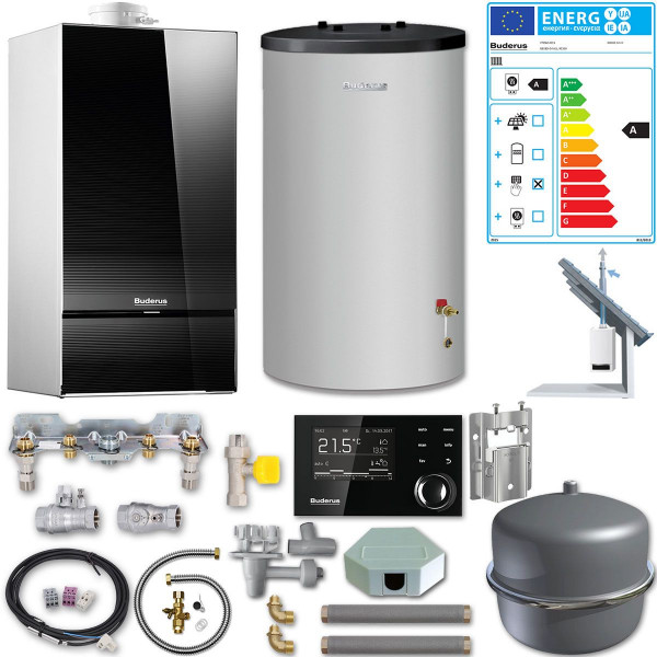 Buderus Logaplus Paket Schwarz Gas-Brennwert GB182i Erdgas 2H 14kW inkl. Speicher 120L u. Schrägdach